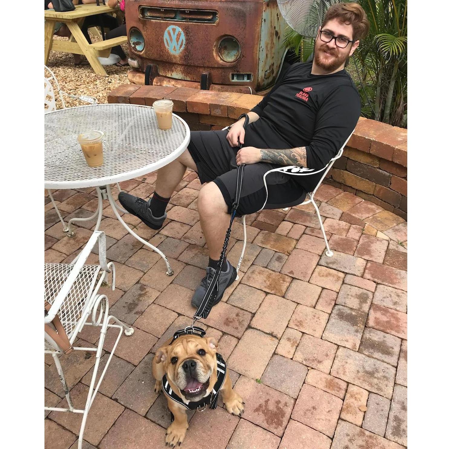 This is after Draxie's first Seminole Heights dog pack walk! We went to our favorite coffee spot, Spaddy's, to celebrate a successful first walk.