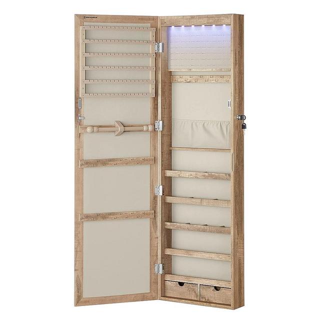 SONGMICS 6 LEDs Mirror Jewelry Cabinet, 47.2-Inch Tall Lockable Wall or Door Mounted Jewelry Armoire Organizer with Mirror, 2 Drawers, Toasted Oak Color UJJC093N01