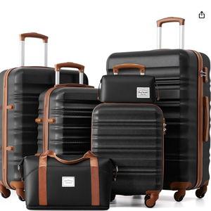 LONG VACATION 6 Piece Luggage Set Carry on Suitcase with ABS+PC hardshell, Spinner Wheels & YKK Zipper TSA Lock (BLACK-BROWN, 6 piece set)