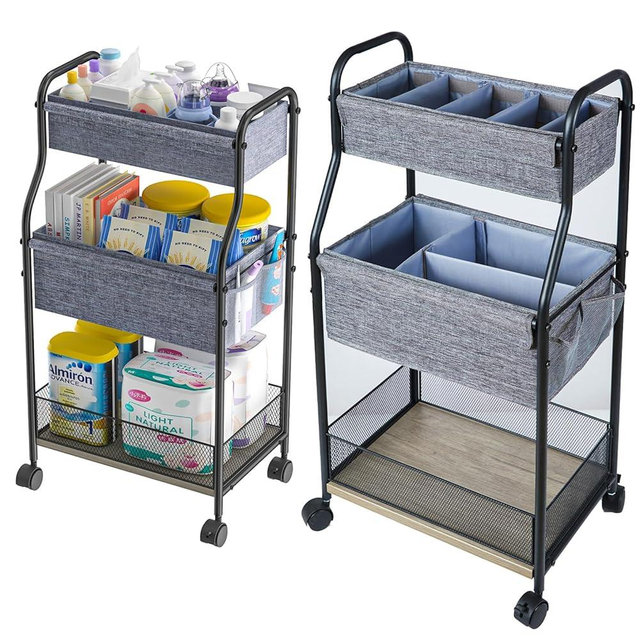 3-Tier Baby Diaper Caddy Organizer and Storage Cart with 4+2 Dividers, Mobile Metal Utility Cart with Rolling Wheels for Nursery Essentials, Large Capacity Rolling Cart for Crib, Bedroom, Bathroom