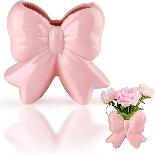 Pink Bow Ceramic Vase Contemporary Design Decorative Pink Bow Decor Vase Pen Holder Makeup Brush Holder Women Gift for Mother's Day Home Office Shelf Table Living Room