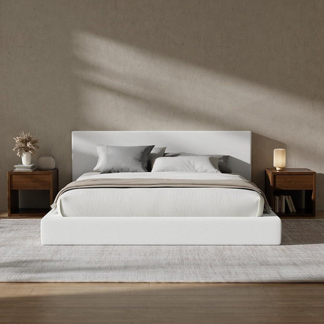 RECCI Cloud Upholstered King Bed Frame with Headboard, 5 Inch Foam Padded Platform, No Box Spring, Easy Assembly (Snow White)