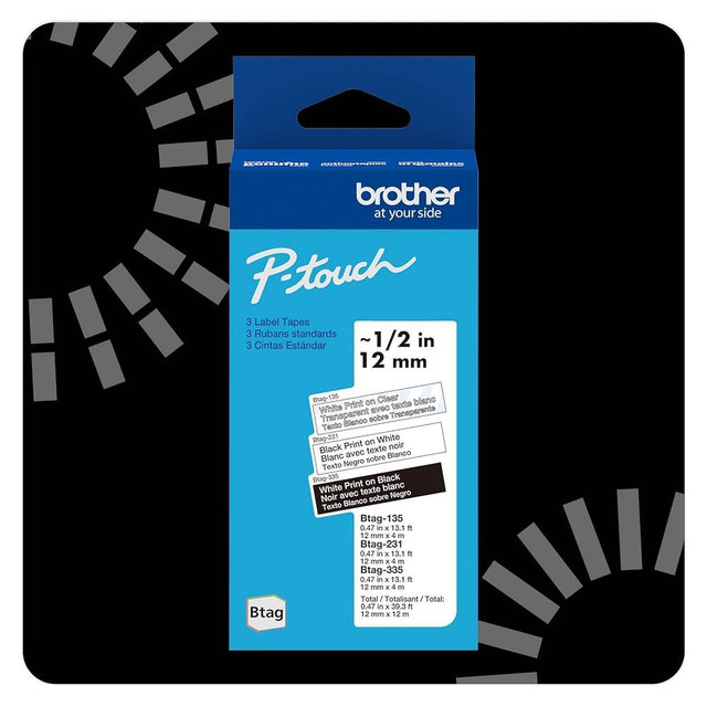 Brother P-touch Btag Label Tape, BTAG3M01, 0.47 in by 13.1 ft , White on Clear, Black on White, White on Black, 3-Pack