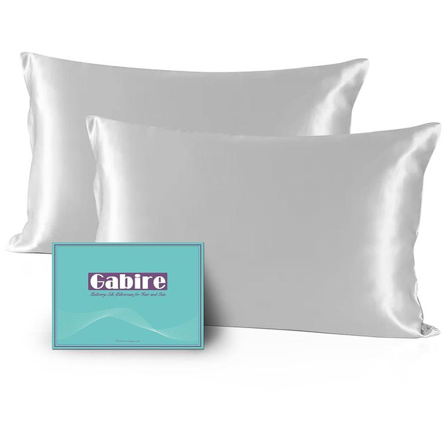 Gabire Mulberry Silk Pillowcases Set of 2, Both Sides Real Silk Pillowcase for Hair and Skin Cool Organic Silk Pillow Cases 2 Pack with Hidden Zipper, Silver Grey, Standard (20"×26")