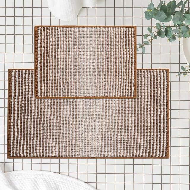 FRESHMINT Ombre Chenille Bathroom Rugs Sets 2 Piece, Non-Slip Bath Mats Set for Bathroom Floor, Soft Bath Rugs Set of 2, Absorbent & Washable Soft Room Shower Mat (17"x24"+20"x32", Camel Brown)
