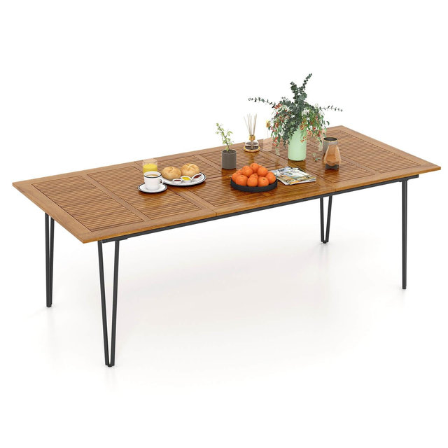 Costway 86.5-Inch Outdoor Dining Table with Acacia Wood Tabletop & Metal Legs Umbrella Hole