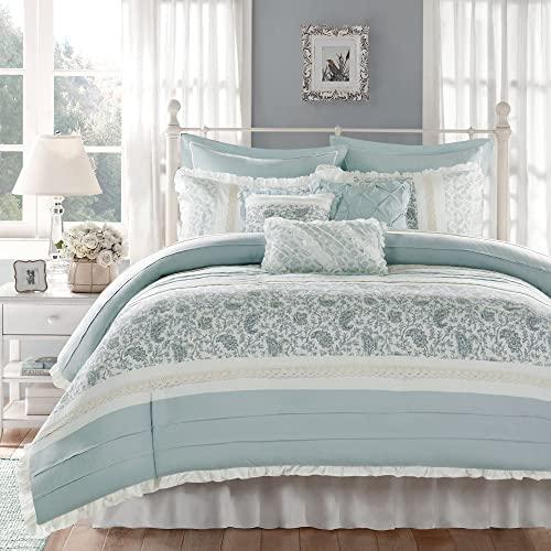 Madison Park Dawn Duvet Cover Queen Size - Aqua , Floral Shabby Chic Duvet Cover Set – 9 Piece – 100% Cotton Percale Light Weight Bed Comforter Covers