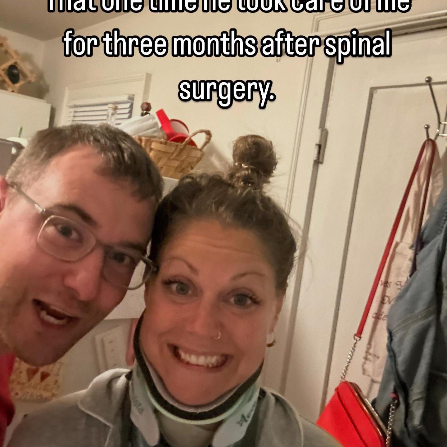 Hanging out, recovering from (Caroline's) neck surgery in August 2024.