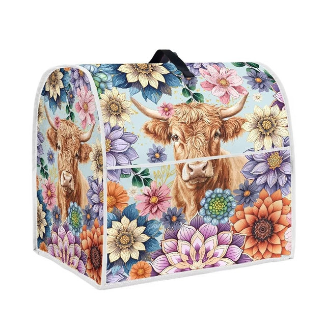 Goronwyfloyd Bright Boho Flower and Highland Cattle Stand Mixer Cover Kitchen Appliance Organizer Bag Cover with Pocket Compatible with 6-8 Quart Mixer, Multi Cooker, Air Fryer
