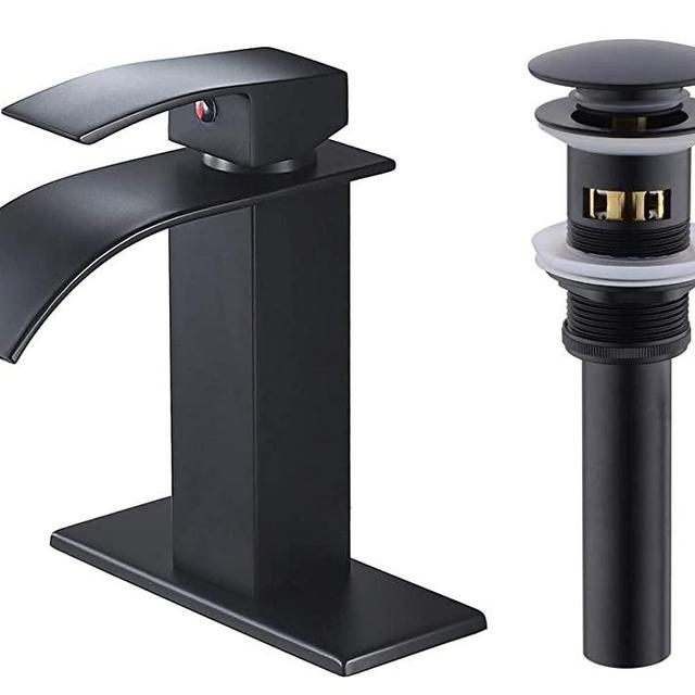 VOTON Black Waterfall Bathroom Faucet Single Handle Lavatory Faucet with Pop-up Drain One Hole RV Vessel Faucet Basin Mixer Tap with Deck Mount