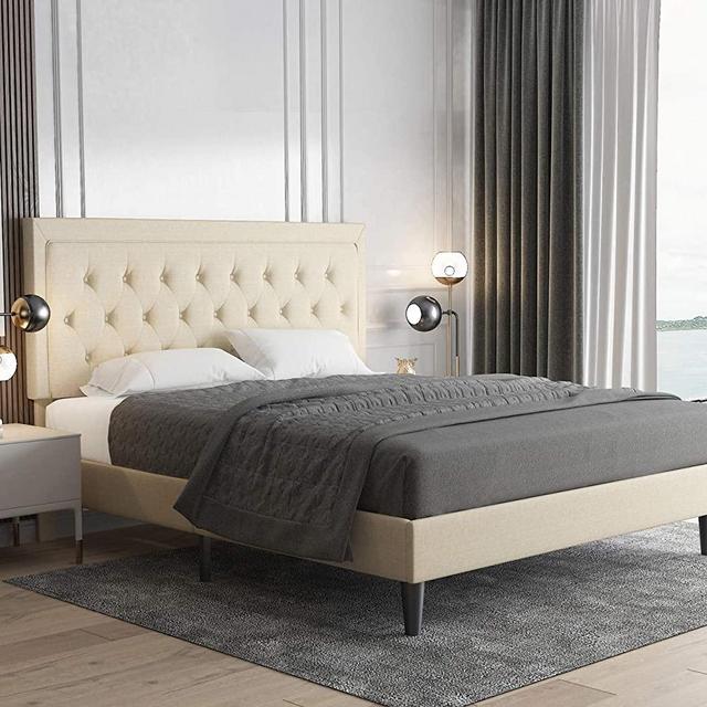 Allewie King Size Platform Bed Frame / Fabric Upholstered Bed Frame with Diamond Button Tufted Headboard/ Adjustable Headboard / Wood Slat Support / Mattress Foundation / Beige (King)