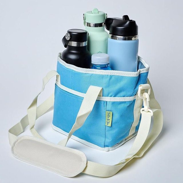 NoNa & Bee 4 Water Bottle Holder with Strap | Family Size 4 Compartment Drink Bag, Multiple Tumbler Carrier Caddy | Adjustable Fits Large & Small Drinks | Hands Free, Won't Tip Over in Car