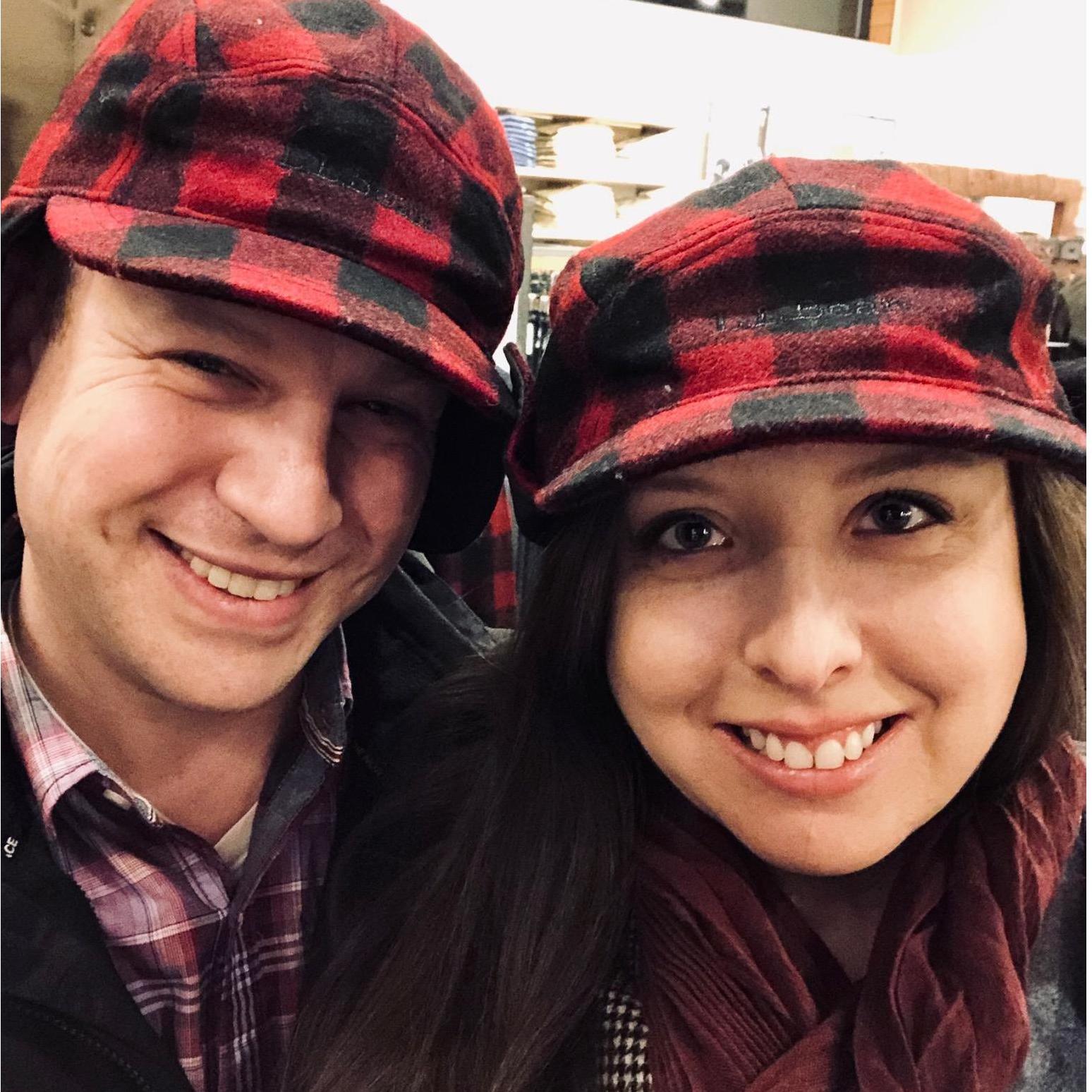 Trying on some flannel hats at LL Bean
