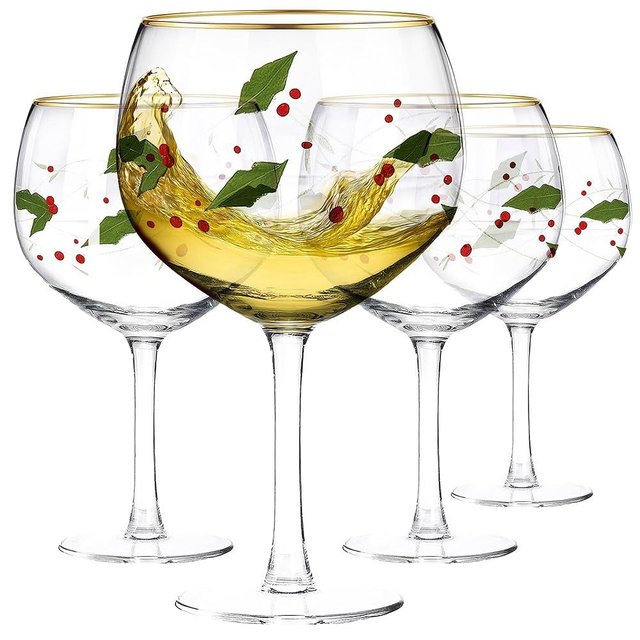 Gusto Buono Christmas Wine Glasses Set of 4, 23 oz Balloon Wine Glasses, 8 Inches Tall Stemmed Borosilicate Glassware with Holly Leaf Design, Italian Handmade Holiday Elegance