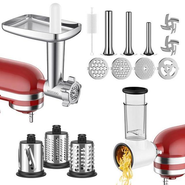 Meat Grinder&Slicer Shredder Attachments for KitchenAid Stand Mixer, Metal Meat Grinder with Sausage Stuffer Tubes and Cheese Slicer, For KitchenAid Mixer Accessories by HOZODO