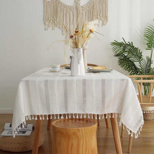 Gernaice Rustic Stripe Embroidered Tablecloth Heavy Tassel Small Rectangle Cotton Linen Table Cloth Wrinkle Free Washable Table Cover for Coffee Living Room Sofa Table White 36x55 Inch