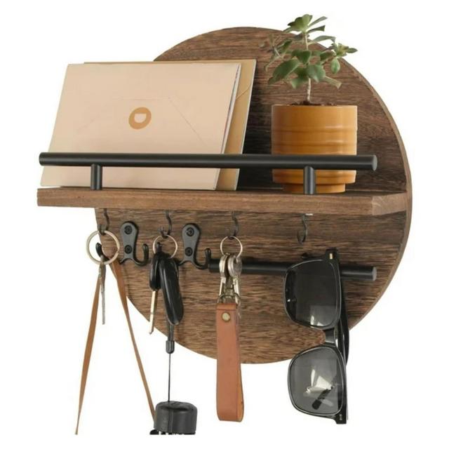 LunaLulinlk Key Holder for Wall Decorative with Shelf and Hooks, Wood Round Wall Mount with Holder, Entryway Key Rack Hanger, Brown