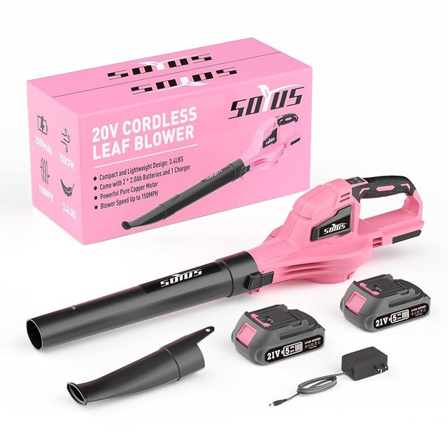 SOYUS Leaf Blower, 21V Leaf Blower Cordless with 2x2.0Ah Battery and Charger, 150 MPH Electric Leaf Blower with Two-Speed Mode, Blowers for Lawn Care, Debris Dust Cleaning（Pink）