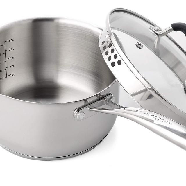 AVACRAFT Stainless Steel Saucepan with Glass Lid, Strainer Lid, Two Side Spouts for Easy Pour with Ergonomic Handle, Multipurpose Sauce Pan with Lid, Sauce Pot (Tri-Ply Capsule Bottom, 3.5 Quart)