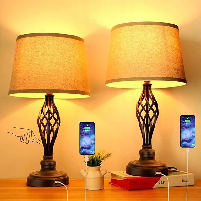 Set of 2 Touch Control 3-Way Dimmable Table Lamp Nightstand Lamp with USB Port AC Outlet Bedside Desk Lamp with Fabric Shade for Living Room Bedroom, Warm White Bulbs Included