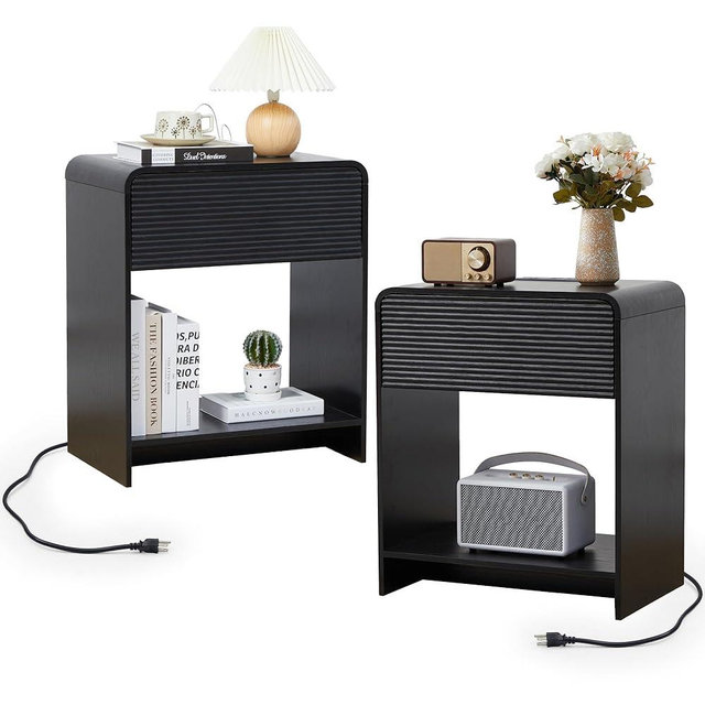XUZENEST Fluted Nightstand Set of 2 with Charging Station, Modern Bed Side Table End Table with Drawer Storage, Large Wooden Night Stands Bedside for Bedroom Living Room Sofa Office, Black 2 Sets