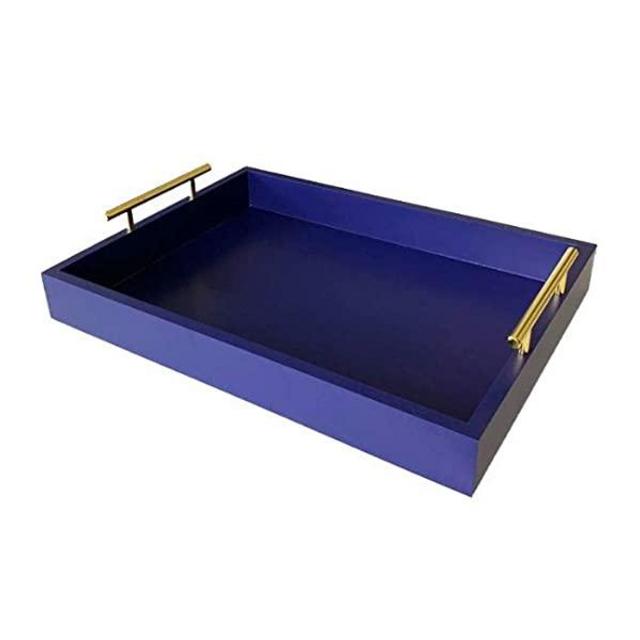 JollyCaper | Coffee Table Tray Decor , Wood Serving Tray, Ottoman Tray, Rectangular, Polished Gold Metal Handles, Wooden Construction for Kitchen and Living Room (Navy Blue)
