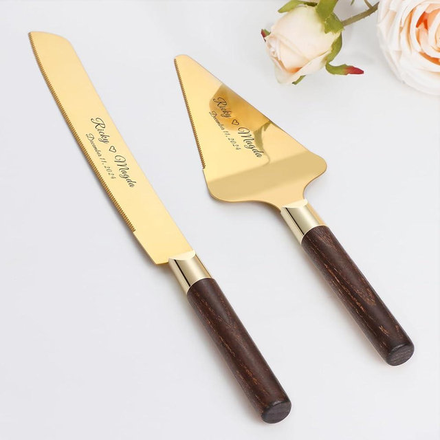 TUKDAK Personalized Cake Cutting Set for Wedding, Gold Knife and Server Set with Stainless Steel Serrated Edges & Wood Handles, Engraved Pie Cutter Spatula Wedding Gift (Walnut Color)