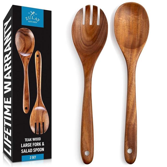 Zulay Kitchen Teak Wood Utensil Set – 2 Piece Large Wooden Salad Serving Spoon and Fork, Handcrafted Natural Teak Wood Kitchen Utensils, Durable, Nonstick Safe & Smooth Finish