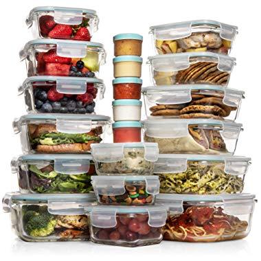 Razab 30 Piece (15 containers,15 lids) Glass Food Storage or Lunch Box Containers w/Airtight Lids - Microwave/Oven/Freezer & Dishwasher Safe, BPA/PVC Free - 5 BONUS Plastic Containers for Condiments