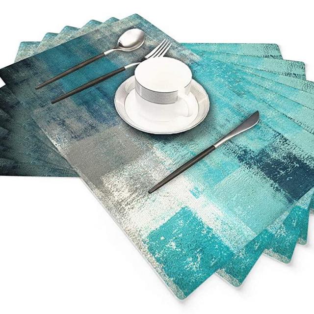 Modern Art Placemats Set of 6, Cafe Placemats Turquoise and Grey Artwork Dining Placemats for Home Kitchen Decorations 18 x 12 Inches, Turquoise Grey