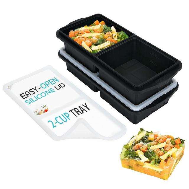 XOMOO Silicone Freezer Tray With Lid-Soup Freezer Container molds-2-cup Extra Large Ice Cube Tray-makes 4 perfect 500ml portions cubes, For freezing soup,stews,sauces.Oven&Dishwasher-Safe(2-Pack)