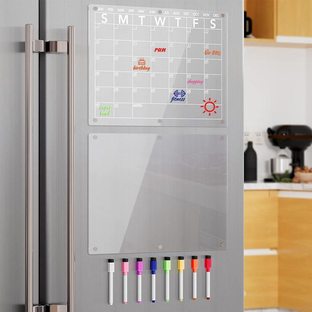 Neatsure Acrylic Magnetic Dry Erase Board Calendar for Fridge, 15.7"x11.8" Clear Monthly Planner Memo Whiteboard for Refrigerator, w/ 8 Colors Dry Erase Markers (Monthly and Blank Memo)