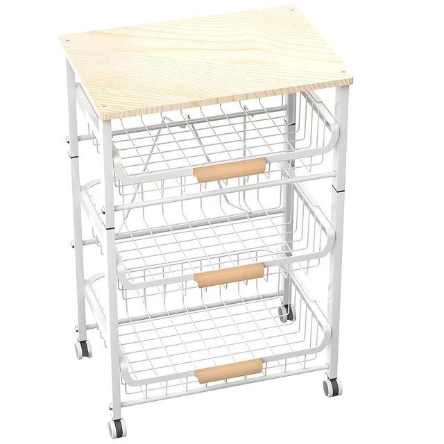 NiuYichee 4-Layer Fruit Basket Kitchen Food Storage Organizer and Storage Rack, Stackable Storage cart with Desktop, Pull-Out Hollow Metal Storage Basket, liding Out Storage,White