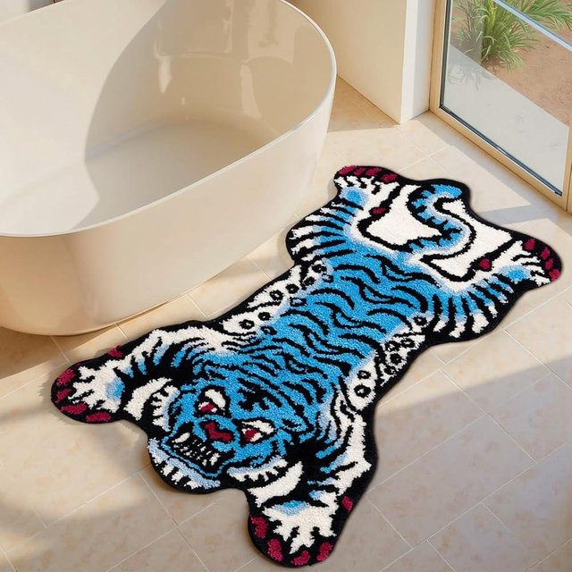 Naoloture Blue Tibetan Tiger Bath Mat Bathroom Rug Non Slip, Ultra Soft Plush Tufted Cute Bathroom Mat Cool Animal Funky Area Rugs Absorbent Washable Carpet for Bedroom Living Room Décor, 24x40 Inch