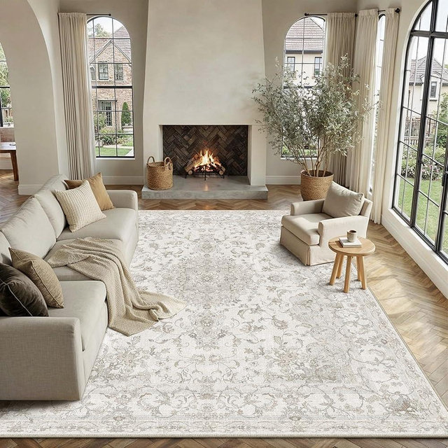 HUGEAR Area Rug 9x12 Vintage Beige Machine Washable Living Room Rugs Thin Neutral Floral Vacuumable Low Pile Carpet Bedroom Office Dining Room Laundry Room Non Slip Soft Lightweight