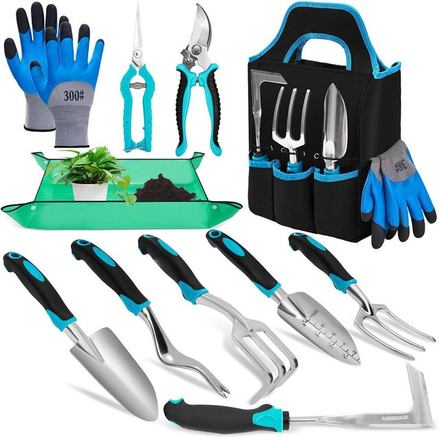 Garden Tool Set with Non Slip Rubber Grip,8 Piece Stainless Steel Gardening Tool Sets,Heavy Duty Outdoor Hand Tools with Bag,Uprooting Weeding Tool, Gifts for Women Men (Blue Garden Tools (11 Pcs))