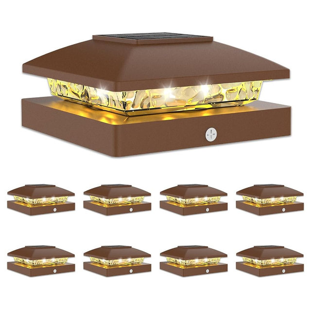 VOLISUN 4x4 Solar Post Cap Light 8pack,Solar Fence - Post Lights Brown Outdoor Waterproof for Wooden/Vinyl Post, with Warm White for Deck