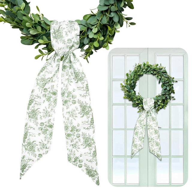 Whaline 2Pcs Green Flower Wreath Sash for Front Door Chinoiserie Floral Garland Ribbon for Holiday Party Home Decor Indoor Outdoor