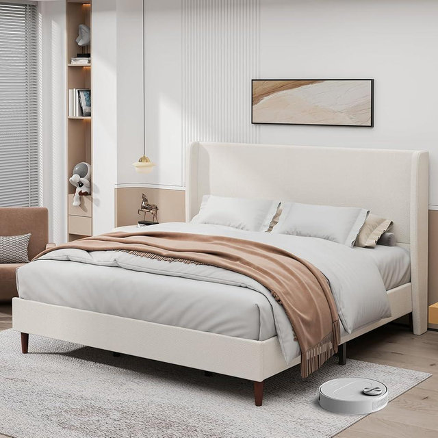 YJNKU King Size Platform Bed Frame,Upholstered Bed Frame with Wing Side Headboard,Chenille Fabric,Strong Wooden Slat Support, No Box Spring Needed, Easy Assembly, Noise-Free,50.78" High,Light Beige