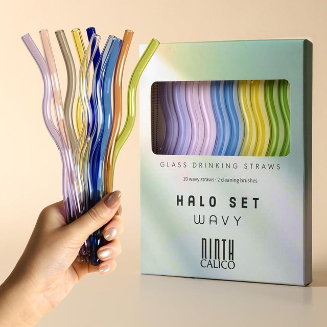 10-Pack Wavy Reusable Glass Drinking Straws – Colorful, Durable – Includes 10 Wavy Straws & 2 Cleaning Brushes – For Smoothies, Iced Coffee (Halo Set)