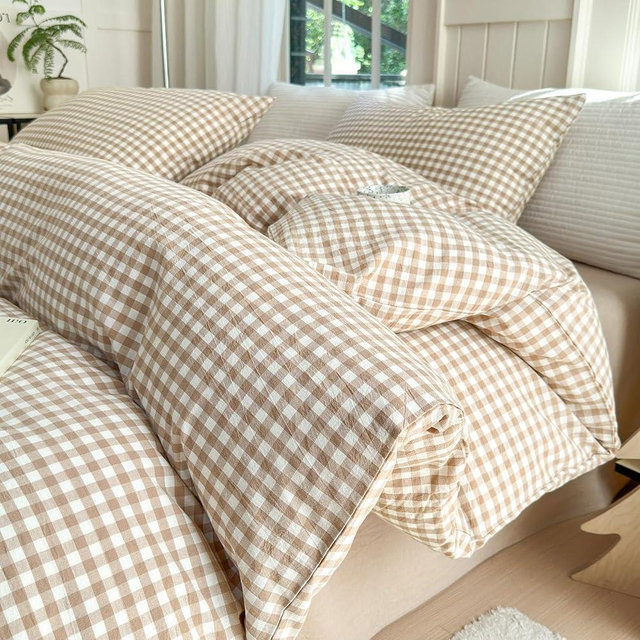 LifeTB Tan Gingham Comforter Set California King 3 Pieces Modern Plaid Comforter Set Beige Grid Comforter with 2 Pillowcases Soft Fluffy Checkered Grid Pattern Gingham Bedding Set for All Seasons