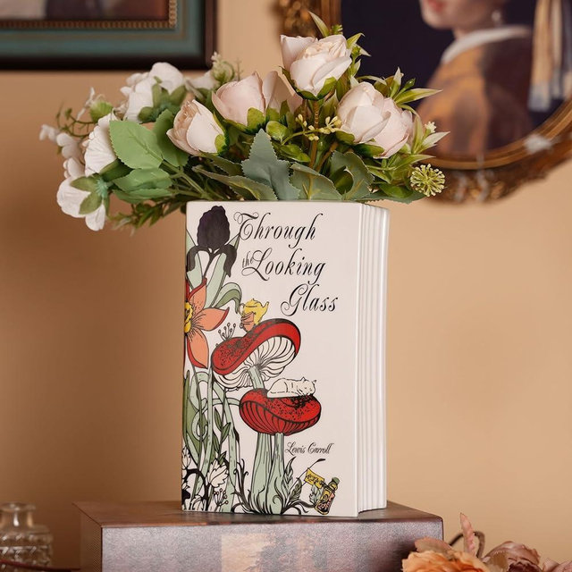 Ceramic Book Vase for Flowers, Home Decor - Cute Bookshelf Decor, Book Lovers Gift - Unique Large Accent for Bedroom/Office (Through The Looking Glass)