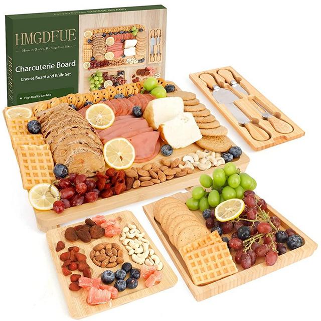 Bamboo Charcuterie Boards Cheese Board Knife Set, 15.7"x 13" Charcuterie Board and Hidden Serving Trays x2 for Charcuterie Cheese Fruit,House Warming New Home Christmas Gift for Couple Women Mom