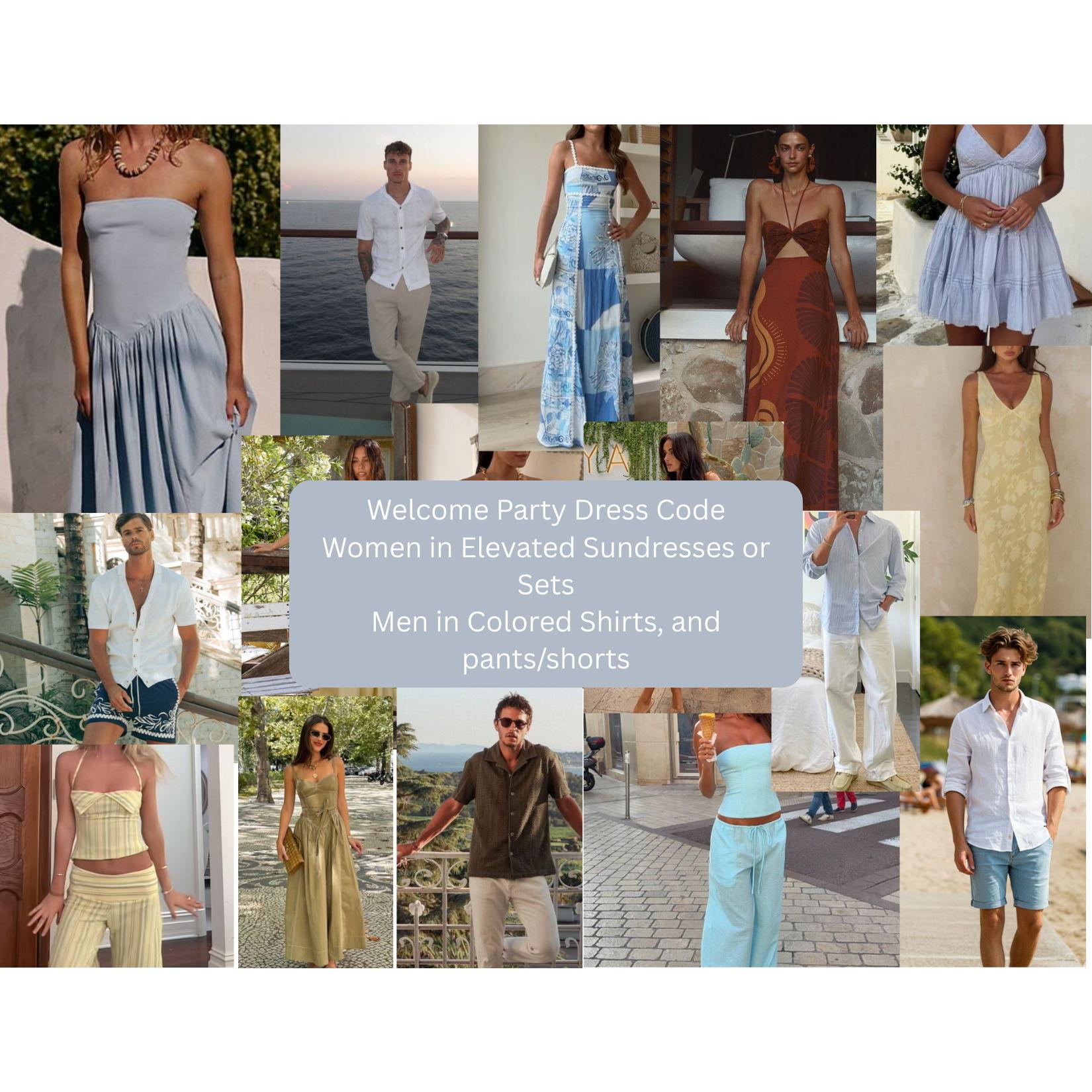 Please no Hawaiian Shirts, or white/cream dresses.