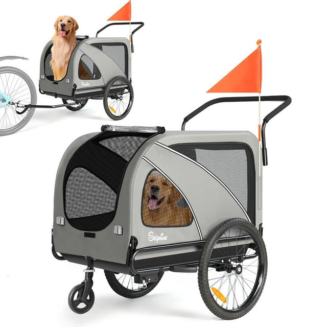 Sepnine Dog Bike Trailer, Supports up to 88 lbs, 2-in-1 Pet Stroller Cart Bicycle Carrier, Easy Folding Cart Frame with Quick Release Wheels, Universal Bicycle Coupler, Non-Slip Floor, Internal Leash