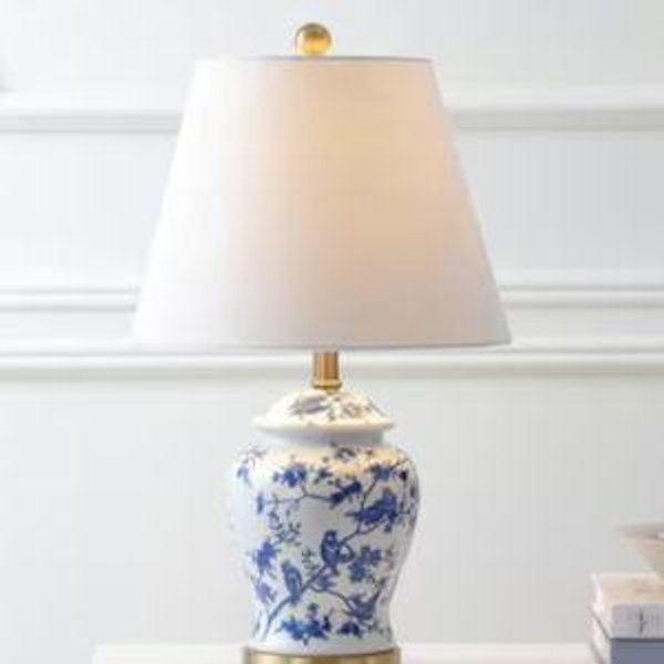 JONATHAN Y Penelope Chinoiserie Ginger Jar Bird Ceramic/Iron 22-in Blue/White LED Rotary socket Table Lamp with Linen Shade