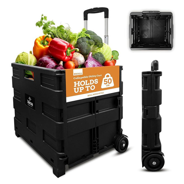 Inspired Living Ultra-Slim Rolling Collapsible Storage Pack-N-Roll Utility-carts, with Telescopic Handle, for Home, Garden, Shopping, Office, School use, Medium, Black