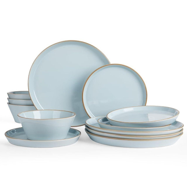 Famiware Saturn Dinnerware Sets, Plates and Bowls Sets for 4, 12 Pieces Stoneware Dish Set - Chip and Scratch Resistant, Microwave and Dishwasher Safe Tableware Set, Light Blue with Rim