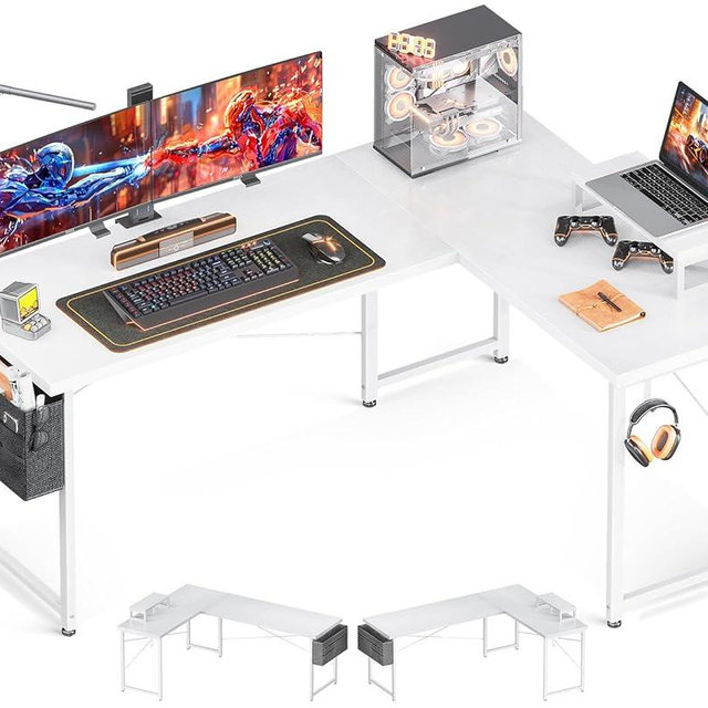 Casaottima L Shaped Computer Desk with Storage Bag, 57.5 Inch Reversible Gaming Desk, Home Office Corner Desk with Monitor Shelf, Space-Saving Writing Workstation Table, Easy to Assemble, White