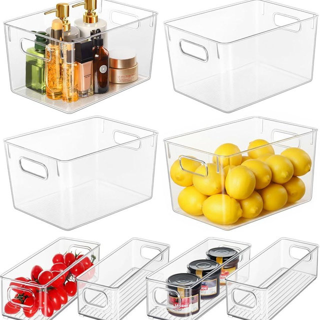 Hudgan 8 Pack Pantry Organizers and Storage, 4 Large Plastic Storage Bins and 4 Small Stackable Clear Containers for Home, Kitchen Cabinet, Freezer, Bathroom Shelf, Office